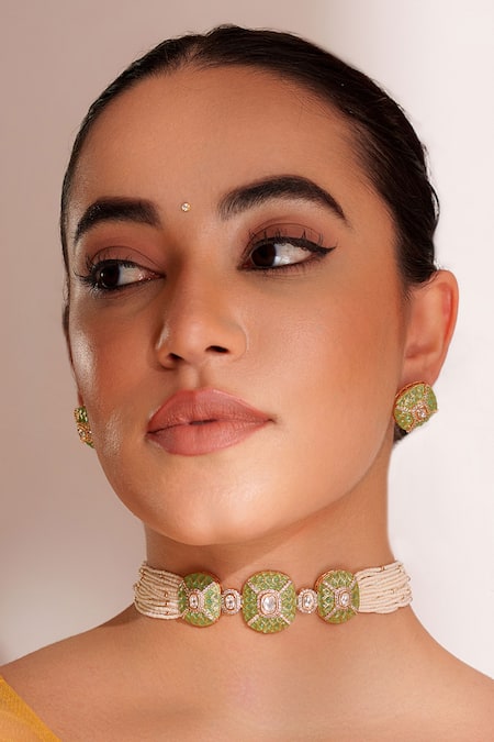 ZEVAR BY GEETA Green Stones Kundan Polki Necklace And Earring Set 
