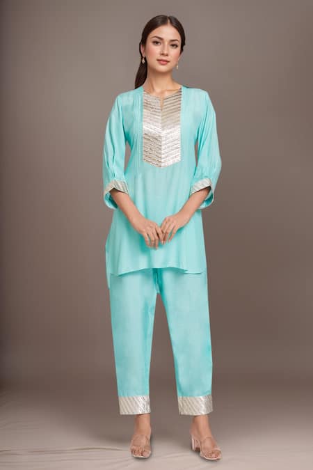 Samyukta Singhania Blue Cotton, Silk Gota Patti Round Neck Work Kurta And Pant Set 
