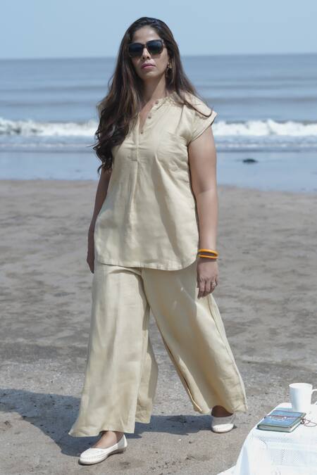 Buy_Gothilo_Brown Linen Mandarin Collar Biscoff Top And Palazzo Set _Online_at_Aza_Fashions