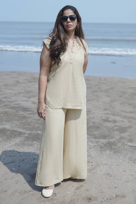 Shop_Gothilo_Brown Linen Mandarin Collar Biscoff Top And Palazzo Set _Online_at_Aza_Fashions