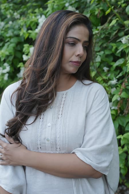 Gothilo_Beige Linen Round Neck Natural Kaftan And Dhoti Pant Set _at_Aza_Fashions