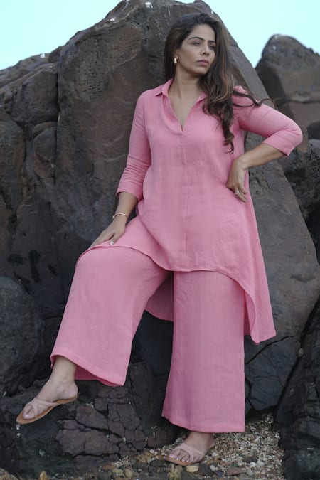 Gothilo Salmon Linen High-low Kurta & Palazzo Set 