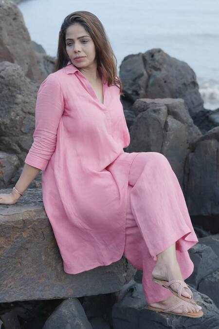 Buy_Gothilo_Pink Linen Collared Salmon High-low Kurta And Palazzo Set 