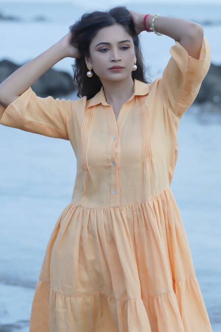Buy Gothilo Peach Linen Collared Pleated Dress Online at Aza Fashions Buy_Gothilo_Peach Linen Collared Pleated Dress _Online_at_Aza_Fashions