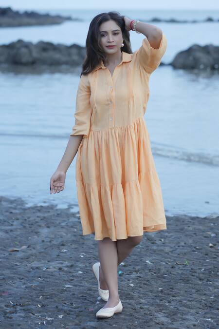 Shop_Gothilo_Peach Linen Collared Pleated Dress _Online_at_Aza_Fashions