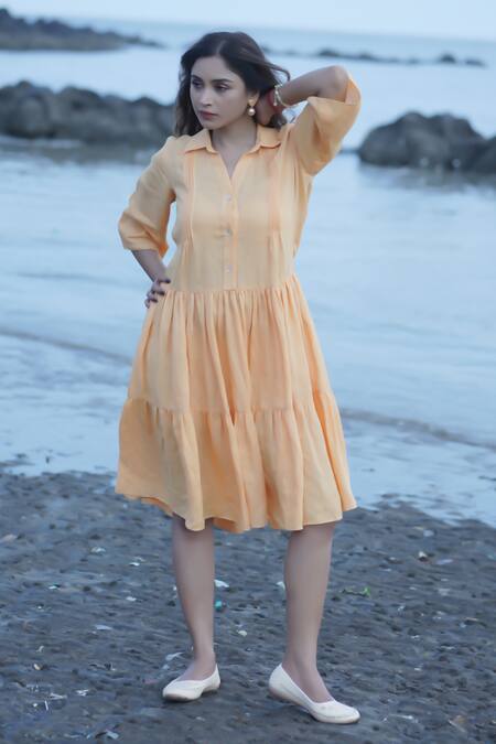 Gothilo_Peach Linen Collared Pleated Dress _at_Aza_Fashions