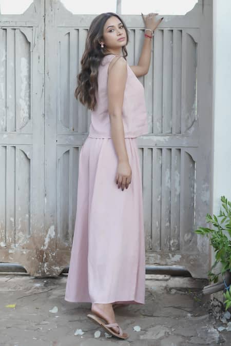 Gothilo_Pink Linen Round Neck Flamingo Top And Culotte Set _Online_at_Aza_Fashions