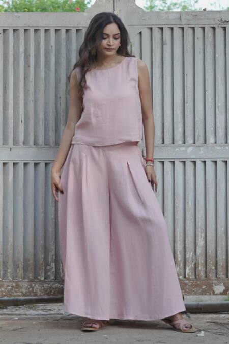 Buy_Gothilo_Pink Linen Round Neck Flamingo Top And Culotte Set _Online_at_Aza_Fashions