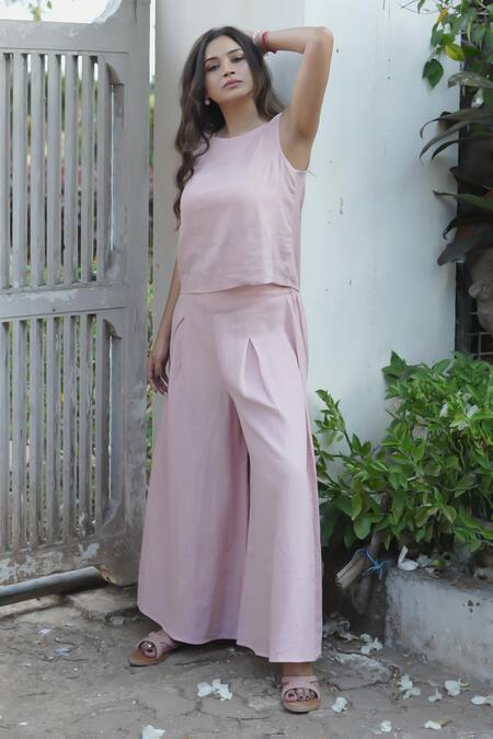 Shop_Gothilo_Pink Linen Round Neck Flamingo Top And Culotte Set _Online_at_Aza_Fashions