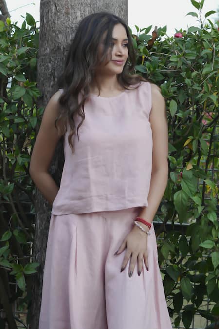 Gothilo_Pink Linen Round Neck Flamingo Top And Culotte Set _at_Aza_Fashions