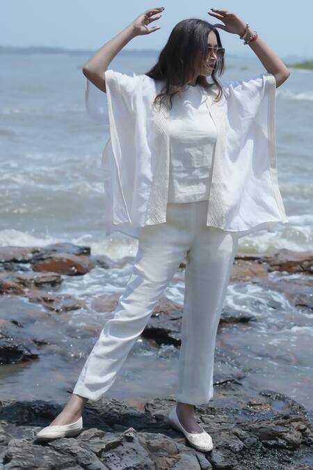 Shop_Gothilo_Ivory Linen Lace Crew , Open Shrug And Co-ord Set _Online_at_Aza_Fashions