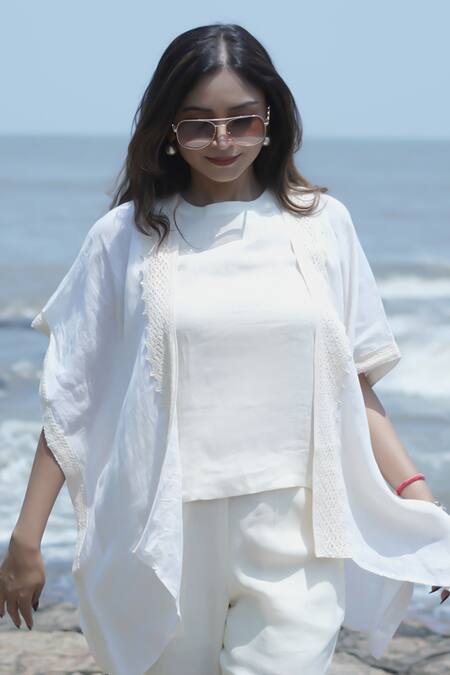 Gothilo_Ivory Linen Lace Crew , Open Shrug And Co-ord Set _at_Aza_Fashions