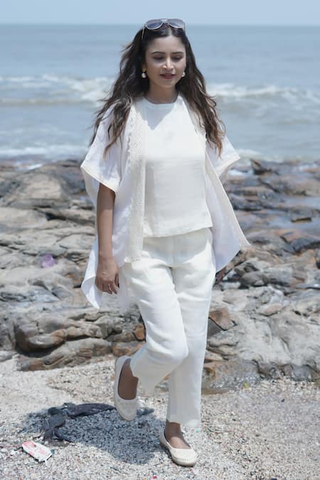 Gothilo_Ivory Linen Lace Crew , Open Shrug And Co-ord Set _Online_at_Aza_Fashions