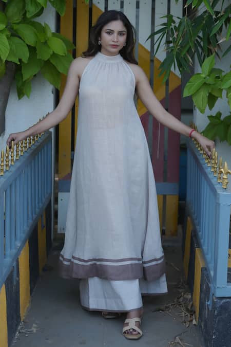 Buy_Gothilo_Beige Linen Halter Neck Natural Flared Kurta And Palazzo Set _Online_at_Aza_Fashions