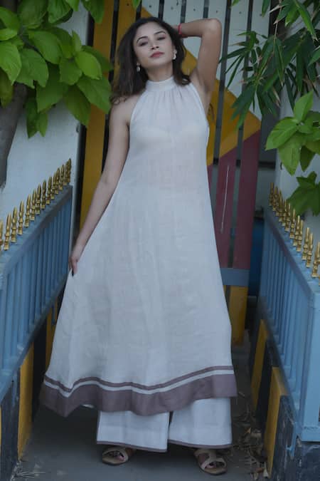 Shop_Gothilo_Beige Linen Halter Neck Natural Flared Kurta And Palazzo Set _Online_at_Aza_Fashions