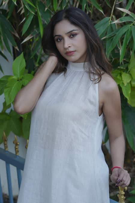 Gothilo_Beige Linen Halter Neck Natural Flared Kurta And Palazzo Set _at_Aza_Fashions