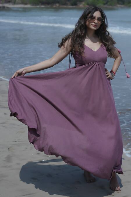 Gothilo_Purple Linen Tassels V-neck Flared Maxi Dress _Online_at_Aza_Fashions