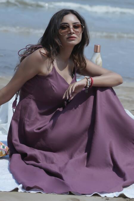 Buy_Gothilo_Purple Linen Tassels V-neck Flared Maxi Dress _Online_at_Aza_Fashions