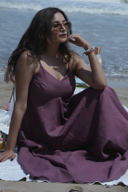 Shop_Gothilo_Purple Linen Tassels V-neck Flared Maxi Dress _Online_at_Aza_Fashions