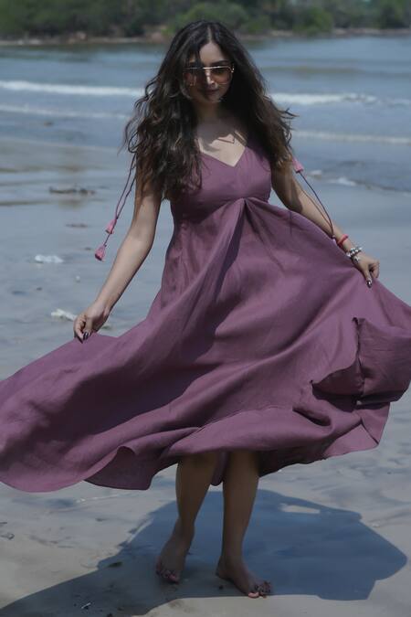 Gothilo_Purple Linen Tassels V-neck Flared Maxi Dress _at_Aza_Fashions