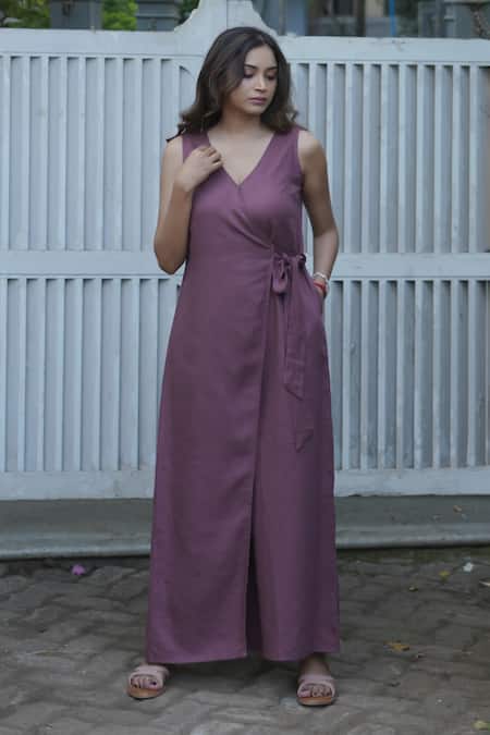 Gothilo Purple Linen V-neck Plum Overlap Jumpsuit 