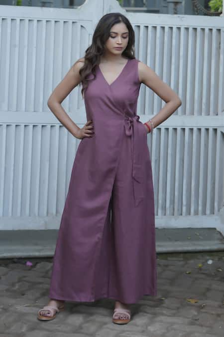 Buy_Gothilo_Purple Linen V-neck Plum Overlap Jumpsuit _Online_at_Aza_Fashions