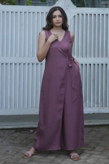 Shop_Gothilo_Purple Linen V-neck Plum Overlap Jumpsuit _Online_at_Aza_Fashions