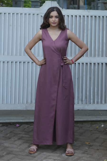 Gothilo_Purple Linen V-neck Plum Overlap Jumpsuit _at_Aza_Fashions