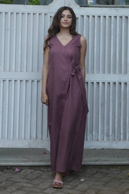 Buy_Gothilo_Purple Linen V-neck Plum Overlap Jumpsuit 