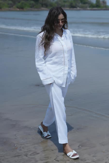 Buy_Gothilo_White Linen Collared Frost Shirt And Pant Loungewear Set _Online_at_Aza_Fashions