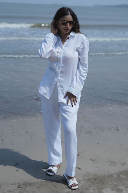 Shop_Gothilo_White Linen Collared Frost Shirt And Pant Loungewear Set _Online_at_Aza_Fashions