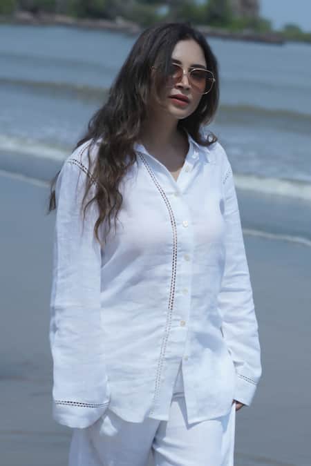 Gothilo_White Linen Collared Frost Shirt And Pant Loungewear Set _at_Aza_Fashions