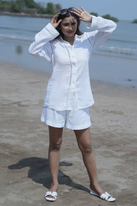 Buy_Gothilo_White Linen Collared Shirt And Shorts Set _Online_at_Aza_Fashions