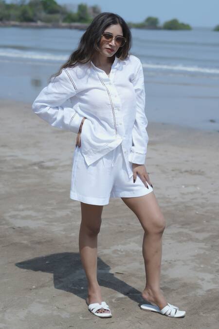 Shop_Gothilo_White Linen Collared Shirt And Shorts Set _Online_at_Aza_Fashions