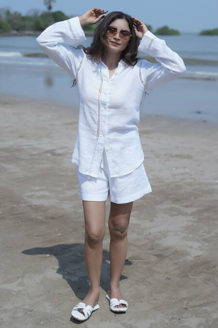 Gothilo_White Linen Collared Shirt And Shorts Set _at_Aza_Fashions