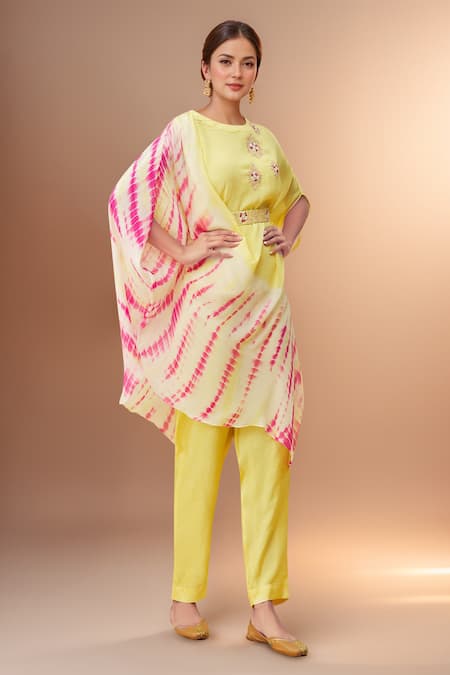 Samyukta Singhania Yellow Chiffon, Denim Embroidery, Zari, Sequins Draped Shaded Top With Pant 