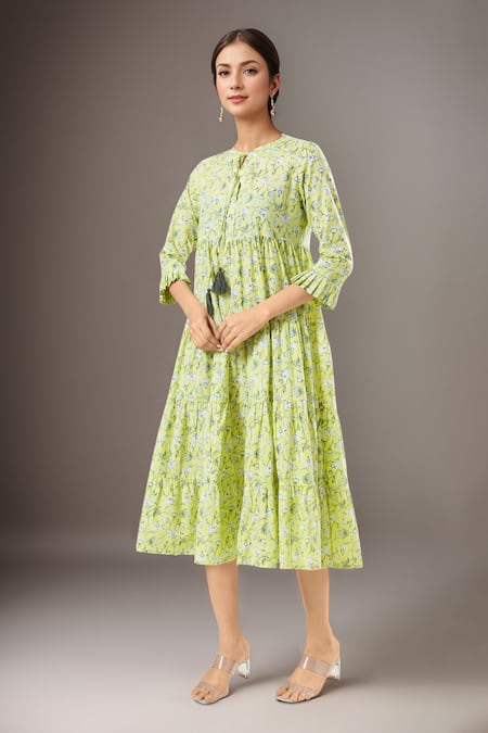 Samyukta Singhania Yellow Cotton Tassels Round Neck Floral Print Designer Dress 