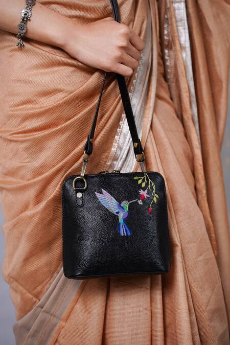 Miri_Black Embroidery Hand Hummingbird Sling Bag _Online_at_Aza_Fashions