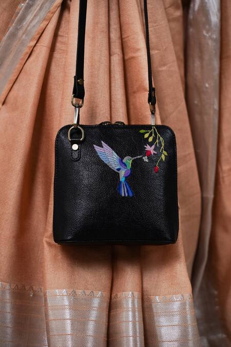Buy_Miri_Black Embroidery Hand Hummingbird Sling Bag _Online_at_Aza_Fashions