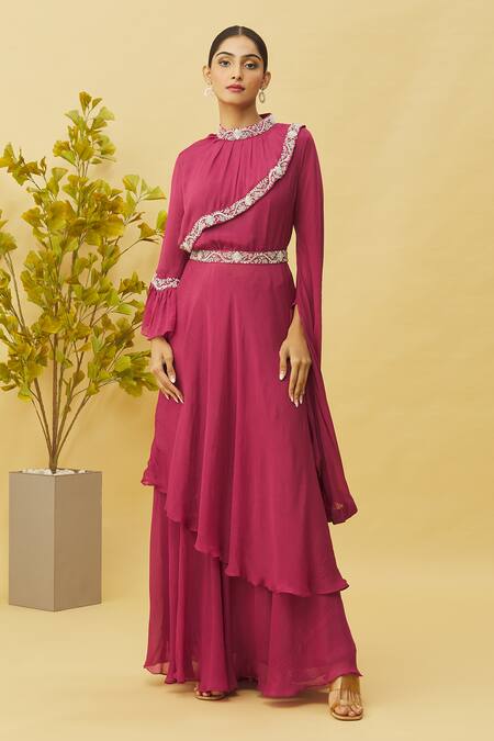 Shop_Samyukta Singhania_Magenta Chiffon Embroidery, Sequins High Neck Border Tunic And Skirt Set