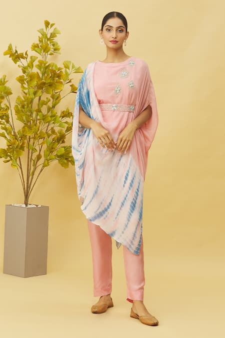 Buy_Samyukta Singhania_Pink Chiffon, Denim Sequins, Zari, Embroidery Placed Pattern Top With Pant