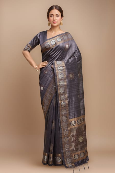 Samyukta Singhania Grey Silk, Tussar Embroidery V-neck Blossom Woven Saree With Blouse 