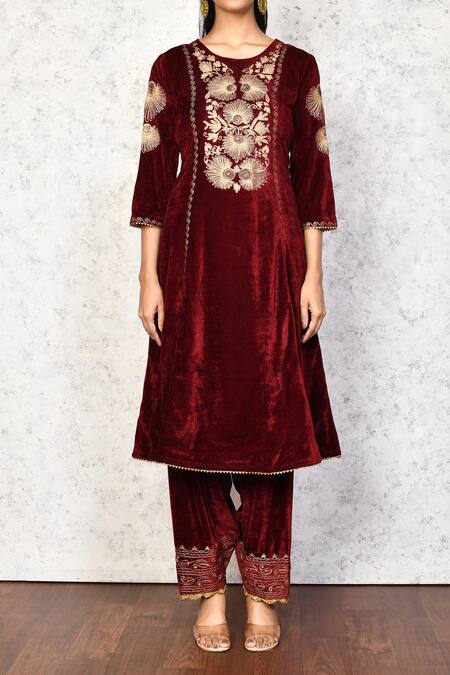 Buy_Samyukta Singhania_Maroon Velvet Embroidery Round Neck Kurta And Palazzo Set _Online_at_Aza_Fashions