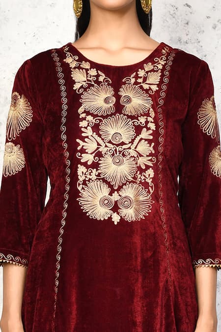 Shop_Samyukta Singhania_Maroon Velvet Embroidery Round Neck Kurta And Palazzo Set _Online_at_Aza_Fashions