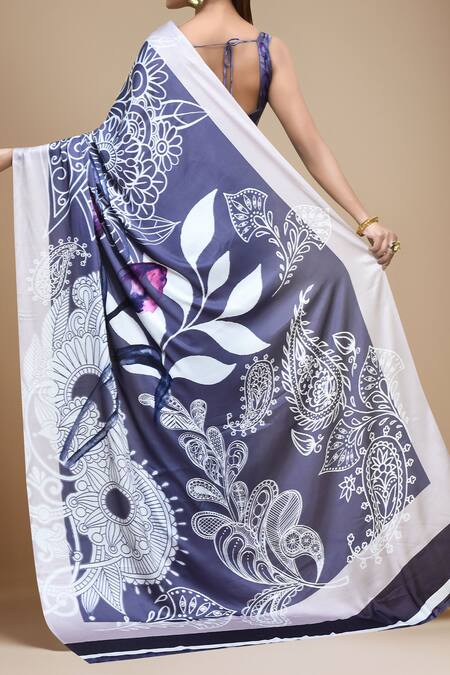 Shop Samyukta Singhania Blue Satin Square Neck Floral Paisley Print Saree With Blouse at Aza Fashions Shop_Samyukta Singhania_Blue Satin Square Neck Floral Paisley Print Saree With Blouse_at_Aza_Fashions