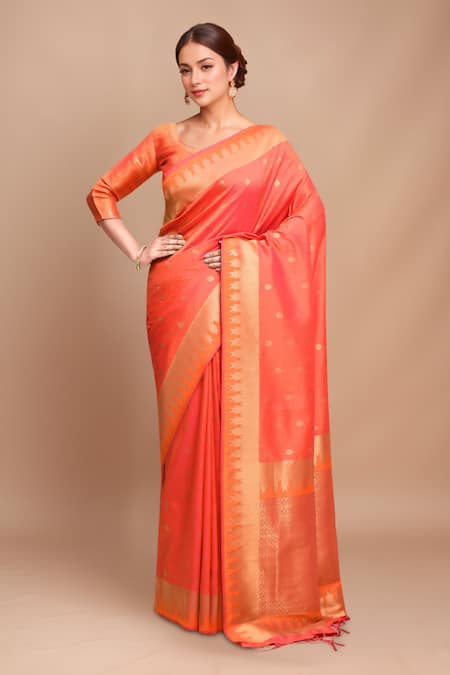 Samyukta Singhania Orange Silk Embroidery Round Neck Handloom Woven Saree With Blouse 