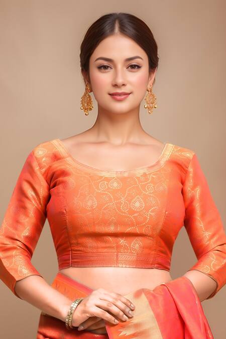 Samyukta Singhania_Orange Silk Embroidery Round Neck Handloom Woven Saree With Blouse_Online_at_Aza_Fashions