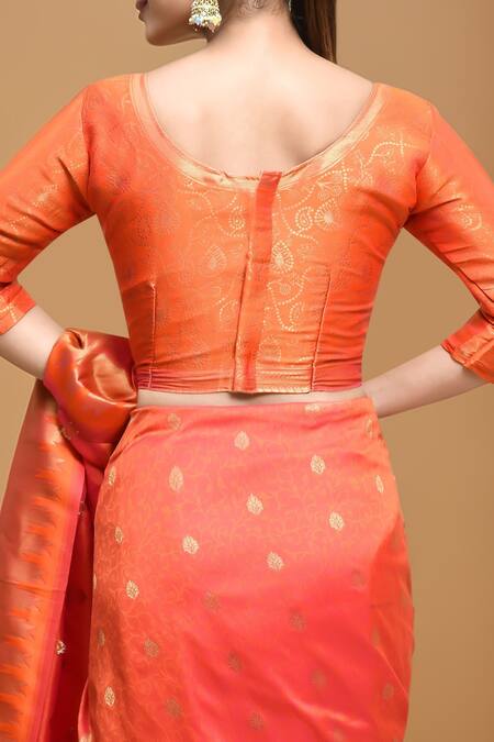 Buy_Samyukta Singhania_Orange Silk Embroidery Round Neck Handloom Woven Saree With Blouse_Online_at_Aza_Fashions