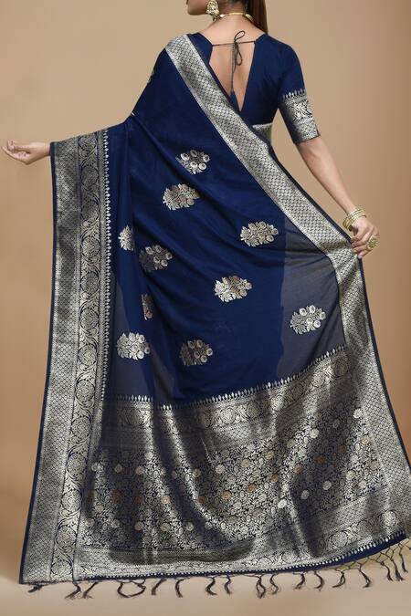 Shop Samyukta Singhania Blue Georgette Zari V-neck Floral Jaal Woven Saree With Blouse at Aza Fashions Shop_Samyukta Singhania_Blue Georgette Zari V-neck Floral Jaal Woven Saree With Blouse_at_Aza_Fashions