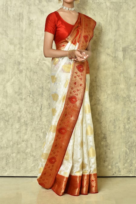 Buy_Samyukta Singhania_White Silk Embroidery Floral And Paisley Woven Saree With Running Blouse _Online_at_Aza_Fashions